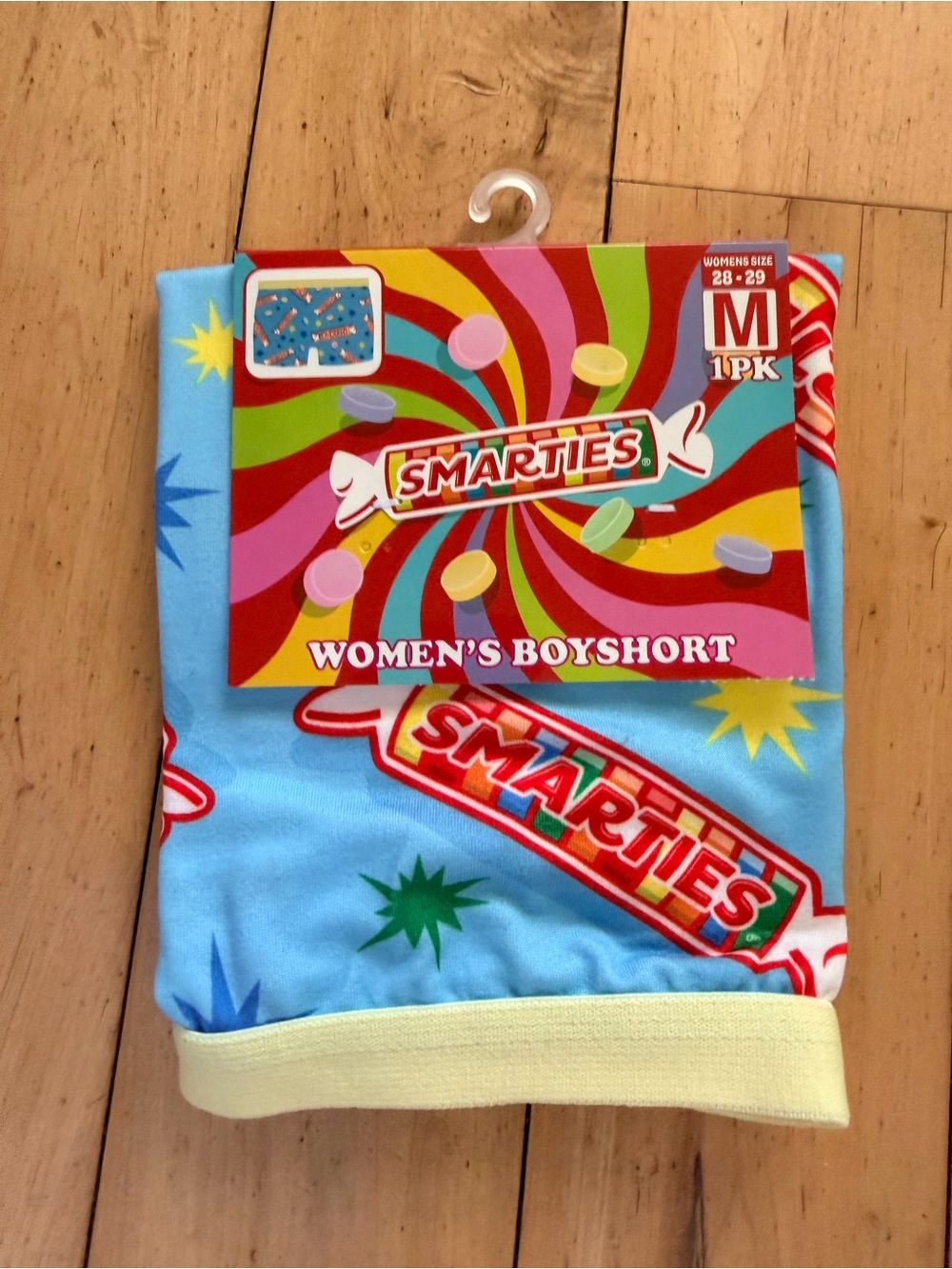 Women's Light Blue Athletic Boyshorts with Smarties Candy Logo M